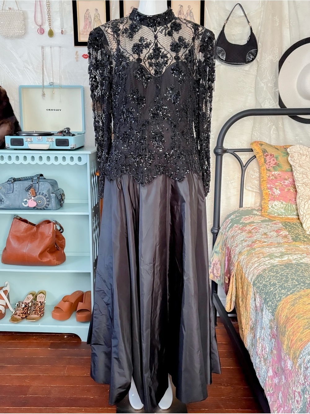 Vintage dark gothic romantic girly beaded lace black maxi evening gown